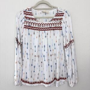 Savanna Jane Womens Blouse Top Size S Embroidered Arrow Flowy Boho Brown